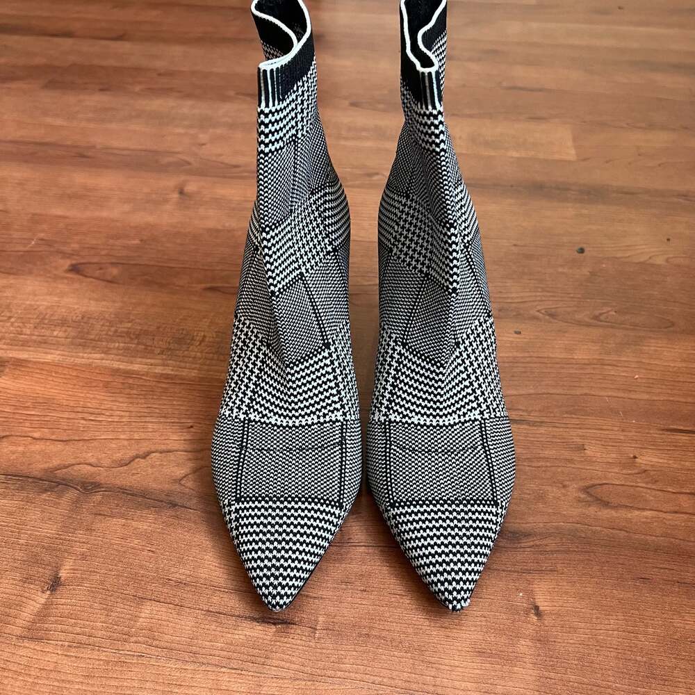 Something Navy Houndstooth Plaid Pointed Toe Stiletto Sock Booties
